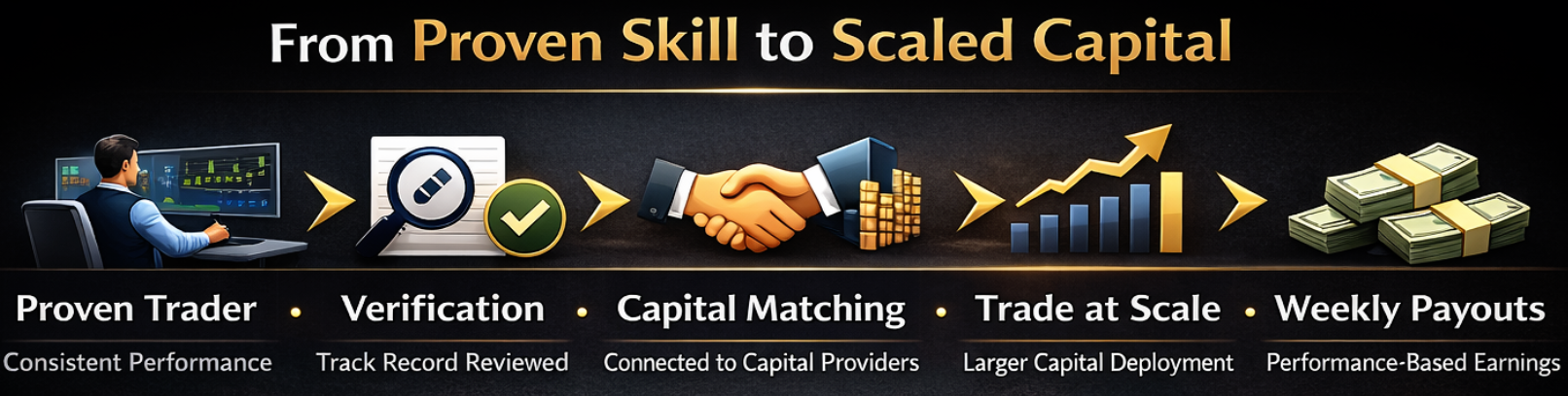 From Proven Skill to Scaled Capital — trader journey from verification to weekly payouts